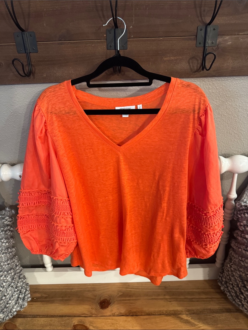 Chico's Bright Orange V-Neck Eyelet Balloon Sleeve Top